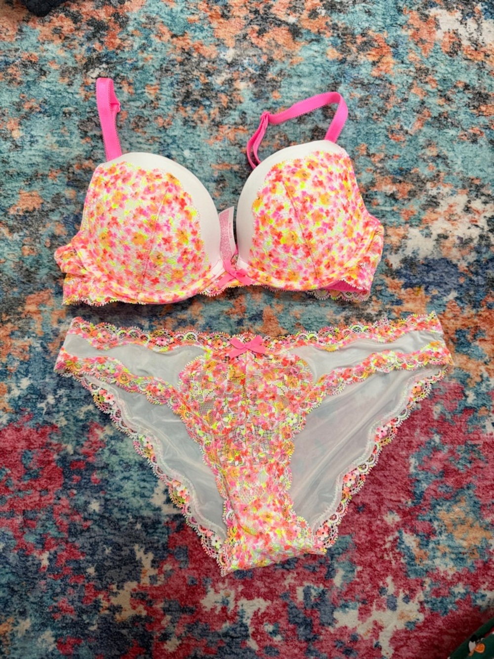 Floral Neon Lace Push-Up Bra & Bikini Panty Set - Pink